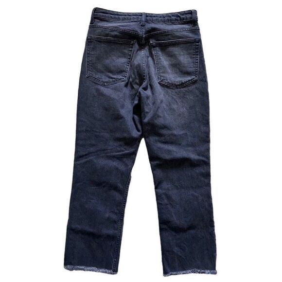 Topshop Straight Raw Hem Black Denim Popper Snap Cropped High Waist Jeans Sz 28 - Picture 2 of 10